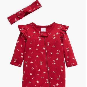 Nordstrom Red print holiday footie with headband NWT